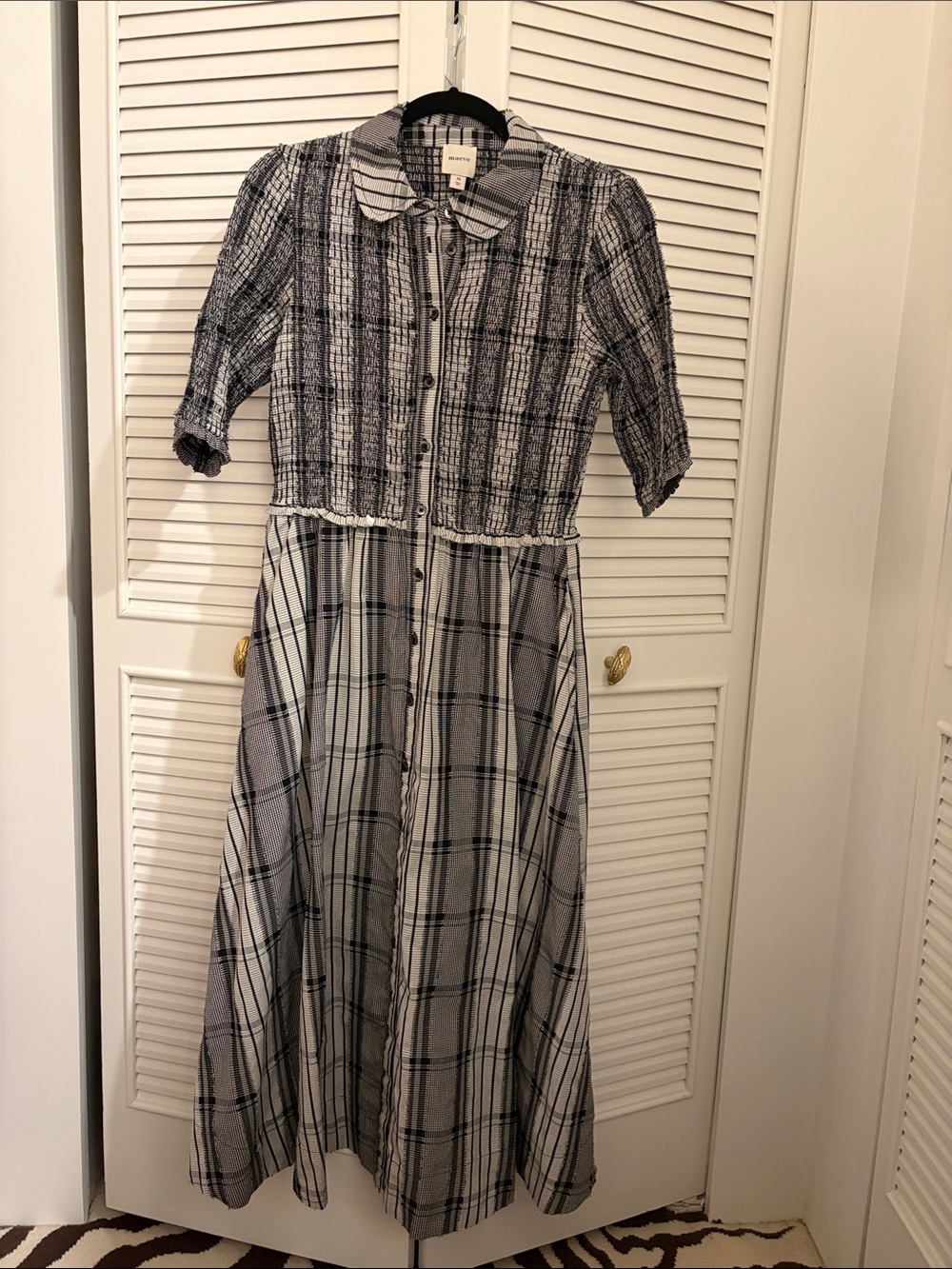 Anthropologie/Maeve Textured Plaid Button-Front Midi Dress in Black and White